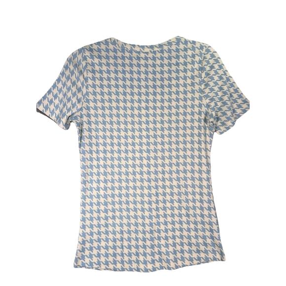 Kate Quinn Blue White Houndstooth Button Short Sleeve Top Size Small NWT - Picture 2 of 8
